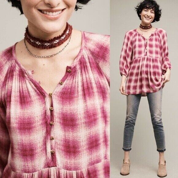 Anthropologie Maeve Cavalon Plaid 3/4 Sleeve Loose Fit Babydoll Top Sz XS - Picture 1 of 10